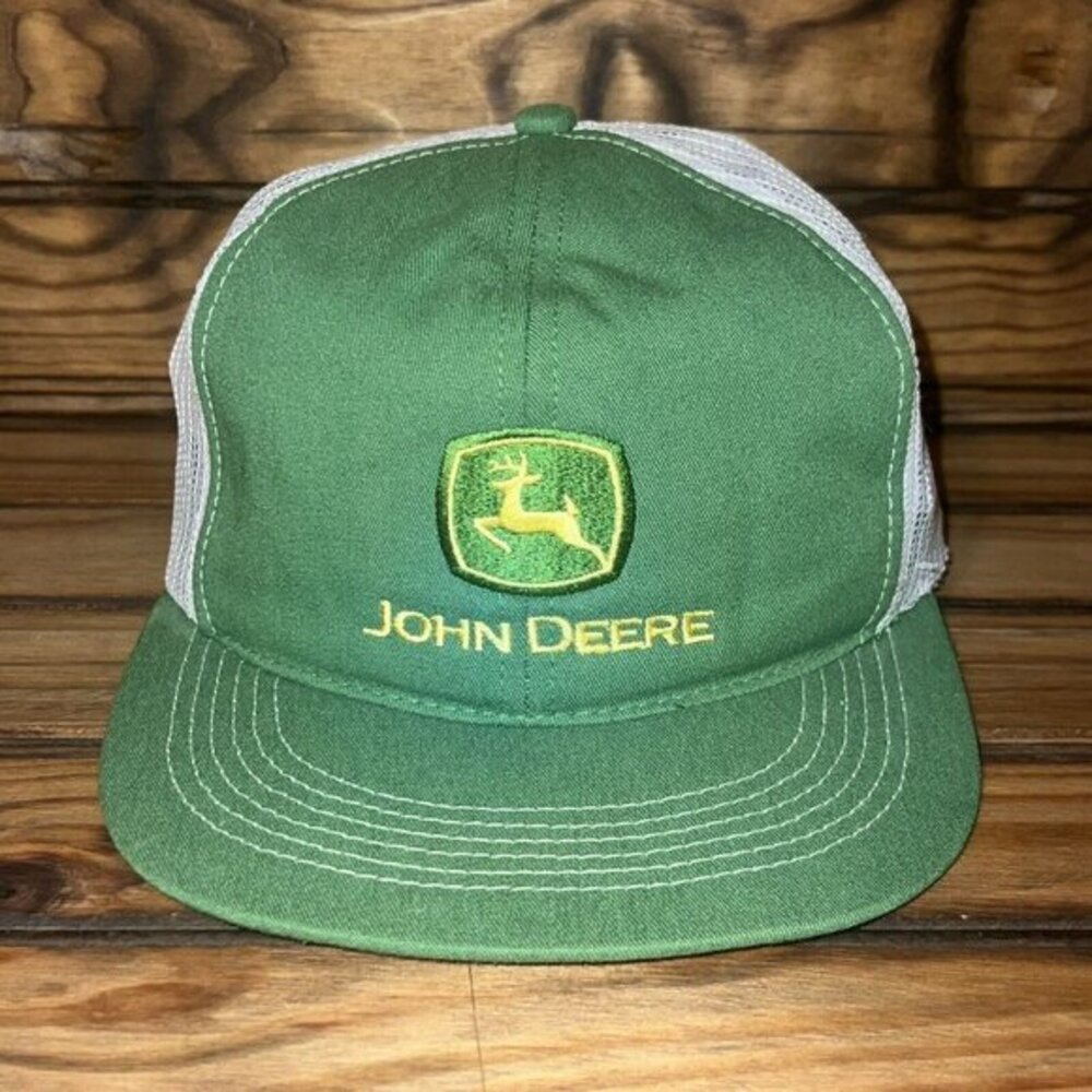 Vintage John Deere K Products Snap Back Trucker Hat Mesh MADE IN USA Green White